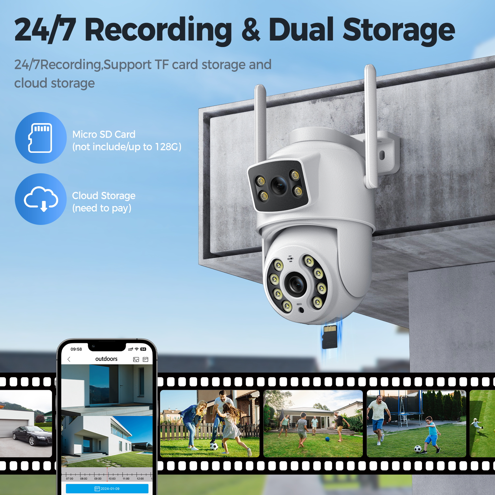 2K 3MP Dual Lens Outdoor Security Camera with Color Night Vision, Motion Detection and Humanoid Tracking