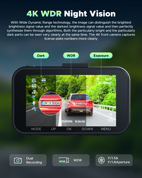 Campark DC16 4K Front and Rear Dual Dash Camera, 5G WiFi & 64G Storage