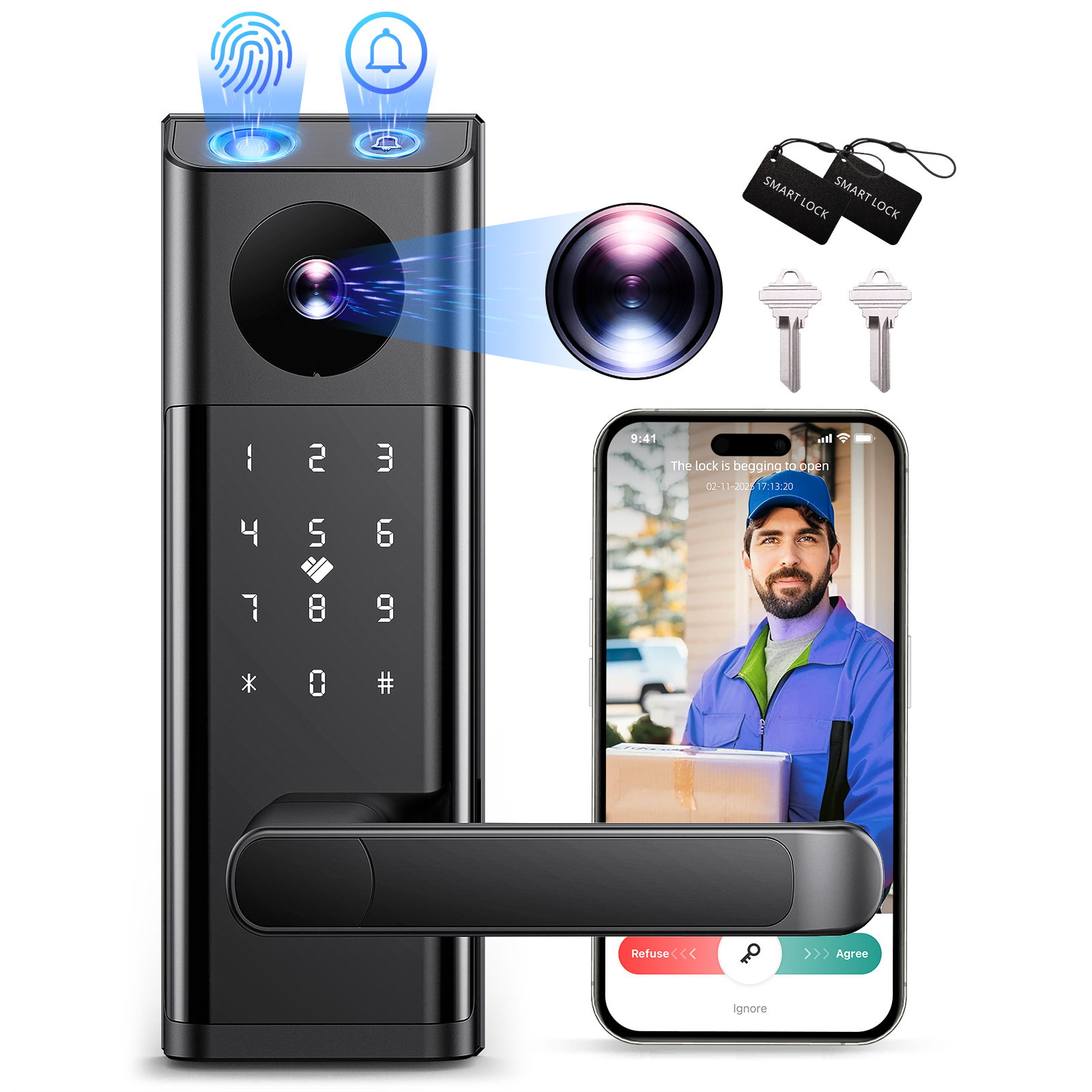Video Smart Lock with Camera & Doorbell, 5-in-1 Keyless Entry Door Lock